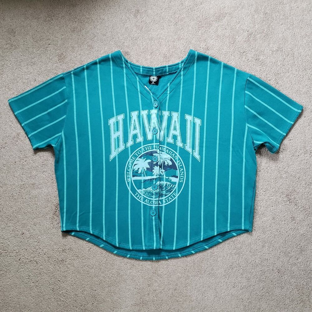 Pacsun Hawaii Varsity Button Up Women's Sweatshirt V-Neck Striped Green M/L